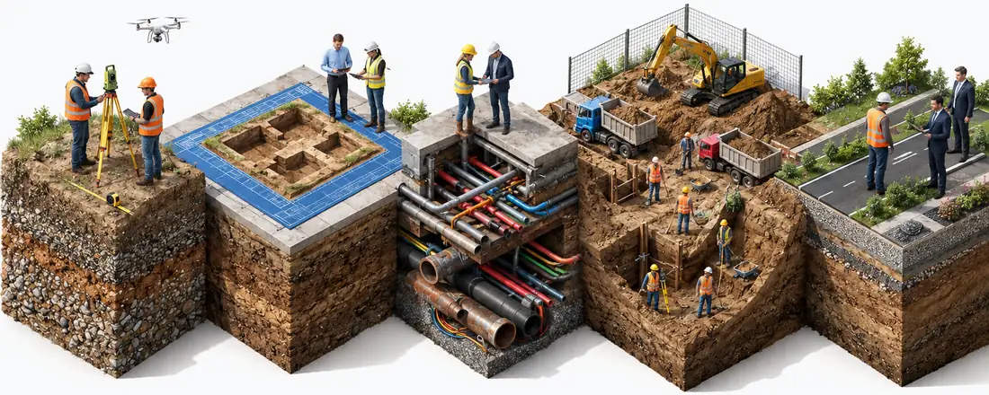 Coupe isometrique des cinq etapes d un chantier de terrassement NICOLI